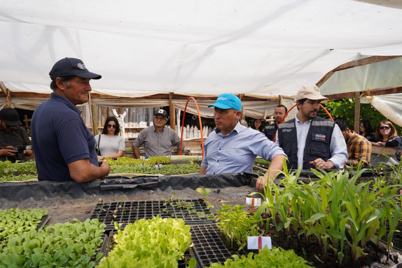 Delfín Toro en su vivero junto al subsecretario José Guajardo y el director nacional de INDAP